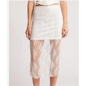 All In Favor White Lace Midi Skirt Small Sheer Overlay Lined NWOT Cottagecore